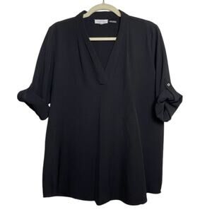 Calvin Klein Womens V Neck Work Blouse Black Roll Short Sleeve Loose Medium Top